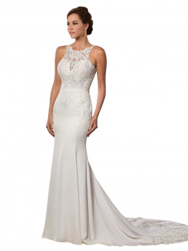 Wholesale Modern Deep V-Neck Sheath Lace Wedding Dress with Open V-Back