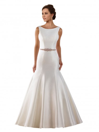 Wholesale Modern Boat Neck Mermaid Satin Wedding Dress with Deep V-Back