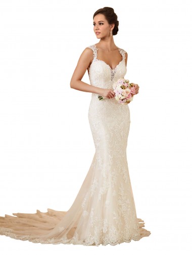 Wholesale Modern Chapel Train Sweetheart Mermaid Lace Wedding Dress with Keyhole Back