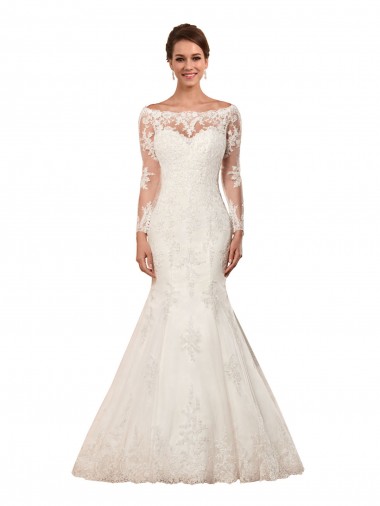 Wholesale Long Sleeves Mermaid Lace Wedding Dress with Illusion Back