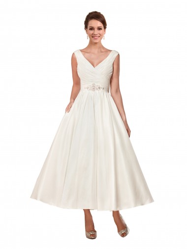 Wholesale V-Neck A-Line Short Ankle Length Satin Wedding Dress