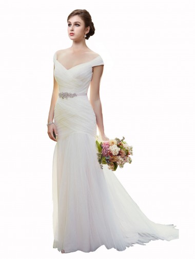 Wholesale Cap Sleeves Off the Shoulder Ruched Mermaid Tulle Beach Wedding Dress