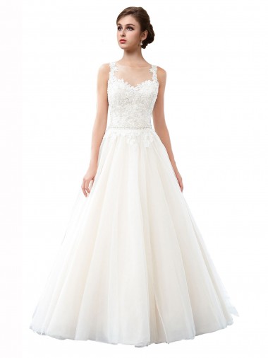 Wholesale Illusion Neck A-Line Tulle Beach Wedding Dress with Lace Bodice