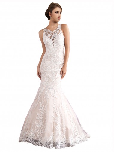 Wholesale Illusion Neck Fit and Flare Tulle Wedding Dress with All Over Lace