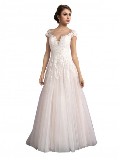 Wholesale Illusion Cap Sleeves A-Line Tulle Beach Wedding Dress with Lace Bodice