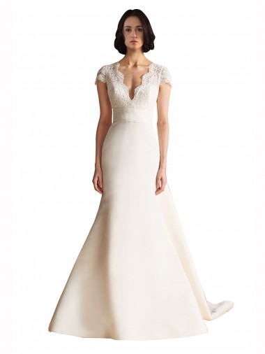 Wholesale V-Neck Lace Bodice A-Line Satin Wedding Dress with Keyhole Back