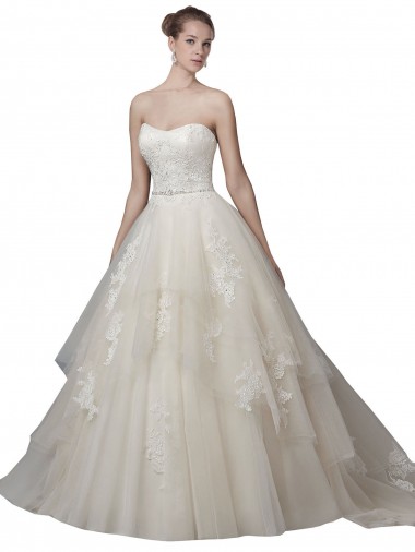 Wholesale Strapless Ball Gown Tulle Wedding Dress with Lace Appliques