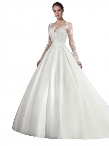 Wholesale Long Sleeves Illusion Neck A-Line Satin Wedding Dress with Lace Bodice