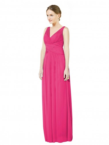 Wholesale Sleeveless V-Neck Long Chiffon Bridesmaid Dress with V-Back