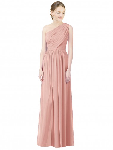 Wholesale One Shoulder Long Chiffon Bridesmaid Dress with Shirred Waistband