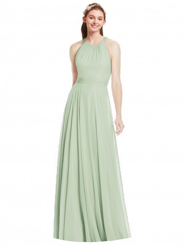 Wholesale Open Back Halter Chiffon Bridesmaid Dress with Flowy Bow