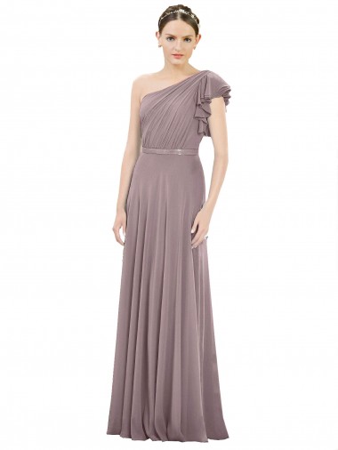 Wholesale Full Length One Shoulder Chiffon Bridesmaid Dress with Shoulder Ruffle