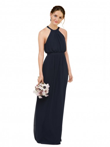 Wholesale High Halter Neckline Chiffon Bridesmaid Dress with Slim Keyhole Back