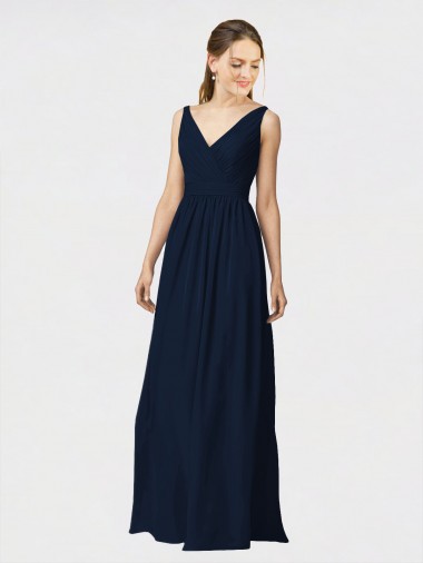 Wholesale Long Chiffon Bridesmaid Dress with Shirred Bodice and V-Neckline