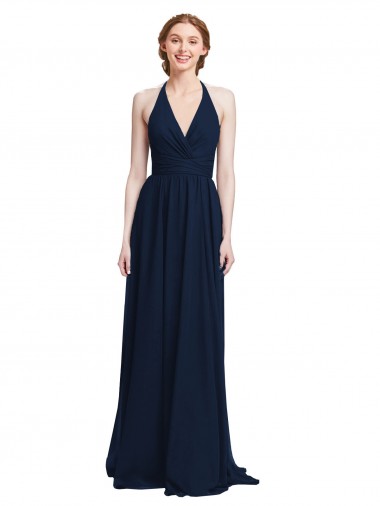 Wholesale Halter Chiffon Bridesmaid Dress with V-Neckline and Criss Cross Waist