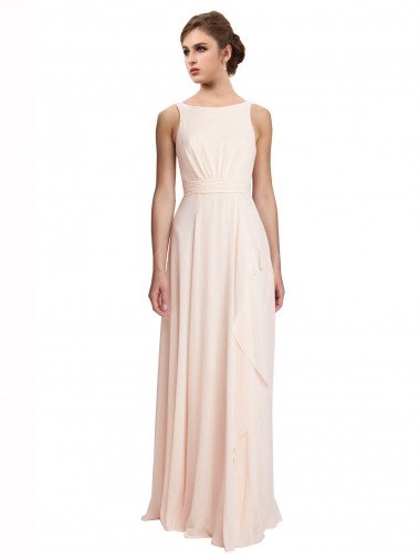 Wholesale High Neck Chiffon Bridesmaid Dress with Deep V-Back and Cascading Skirt