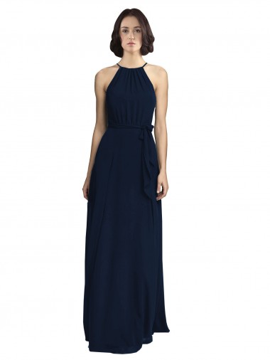 Wholesale High Neckline Floor Length Chiffon Bridesmaid Dress with Belt