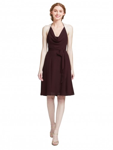 Wholesale Short Knee Length Chiffon Bridesmaids Dress with Halter Cowl Neck