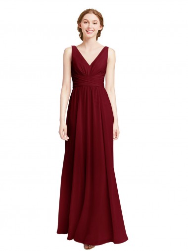 Wholesale Long Chiffon V-Neck Bridesmaids Dress with Double Strap