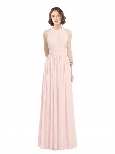 Wholesale Sleeveless Chiffon High Neck Bridesmaid Dress with Diagonal Pleats