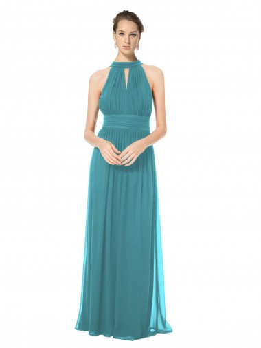 Wholesale Ruched Long Chiffon Halter Bridesmaid Dress with Tie Back and Tails