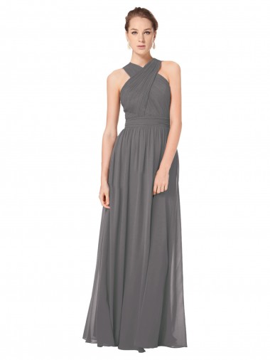Wholesale Long Chiffon Halter Bridesmaid Dress Keyhole Back