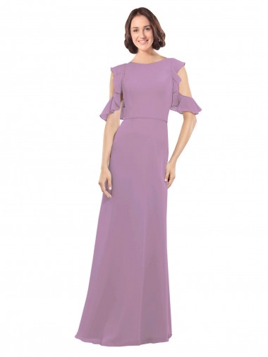 Wholesale Long Chiffon Bridesmaids Dress with Flounced Sleeve Detail and Criss Cross Back