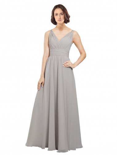 Wholesale Twist Shouder Full Chiffon Bridesmaids Dress with V-Neckline and V-Back