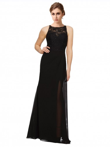 Wholesale Sheath Beaded and Embroidered Bridesmaids Dress with Lace Bodice and Chiffon Skirt