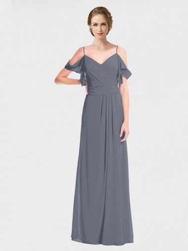 Wholesale Long Chiffon Spaghetti Strap V-Neck Bridesmaid Dress with Off-The-Shoulder Flutter Sleeves