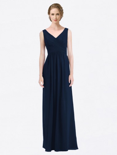 Wholesale Long Chiffon V-Neck Sleeveless Bridesmaid Dress with Criss-Cross Pleated Bodice