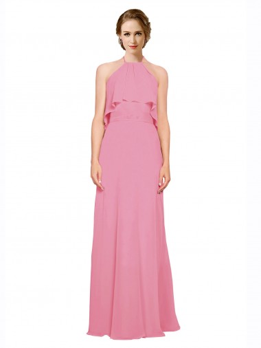 Wholesale Ruffle Halter Neck A-Line Chiffon Bridesmaid Dress with Open Back