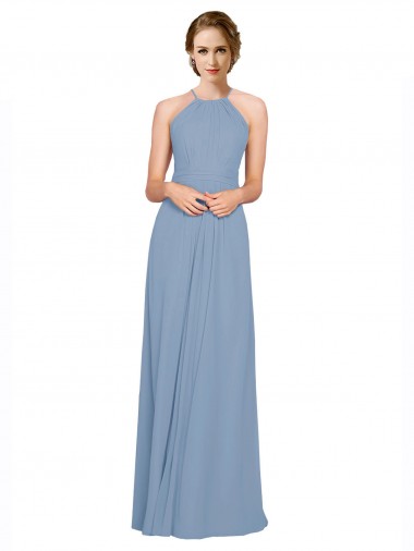 Wholesale Pleated Halter Neckline A-Line Chiffon Bridesmaid with Criss Cross Back