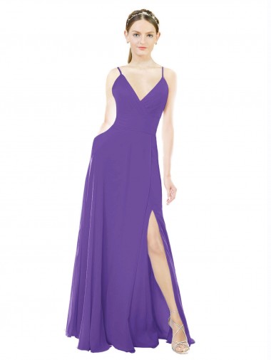 Wholesale Long Chiffon A-Line Bridesmaid Dress with Deep V-Neckline and Side Slit