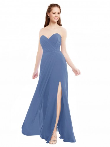 Wholesale Classic Strapless Bridesmaids Dress with Draped Sweetheart Bodice and Side Slit