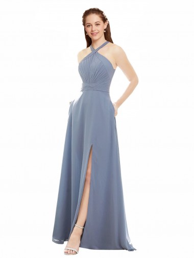 Wholesale High Neck Chiffon Bridesmaid Dress with Draped Bodice & Pockets