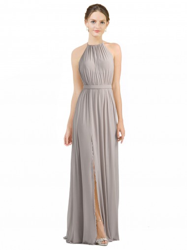 Wholesale Backless Halter Chiffon Bridesmaid Dress with Front Slit and Tie Open Back