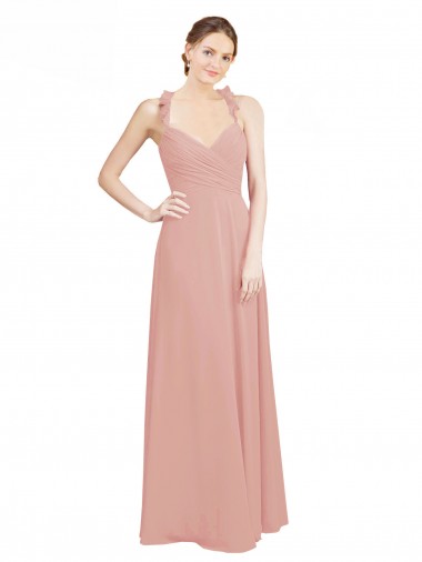 Wholesale Ruched Sweetheart Halter Neckline Chiffon Bridesmaid Dress with Tie Open Back