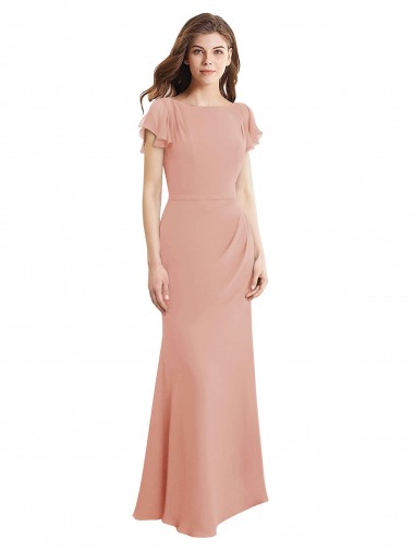 Wholesale Cap Sleeves Long Chiffon Bridesmaid Dress / Prom Dress with Low V-Back
