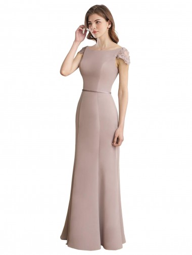 Wholesale Capped Sleeves Embroidered with Applique Lace Mermaid Chiffon Bridesmaid Dress