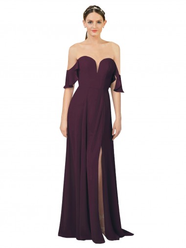 Wholesale Romantic Off-Shoulder Chiffon Bridesmaid Dress with Plunging V-Neck
