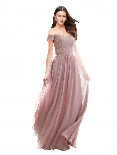 Wholesale Floor Length Chantilly Lace Off the Shoulder Chiffon Bridesmaid Dress