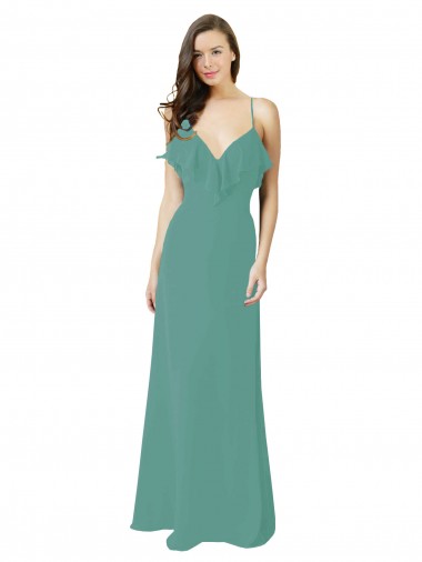 Wholesale Full Length Chiffon Bridesmaid Dress with Ruffled V-Neckline