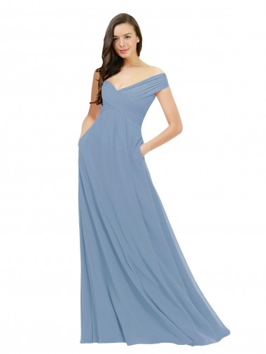 Wholesale Chiffon Bridesmaid Dress with Classic Off the Shoulder Neckline