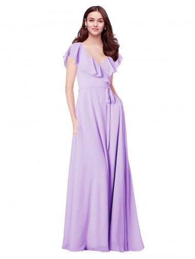 Wholesale Flutter Sleeves V-Neck Chiffon Bridesmaid Dress