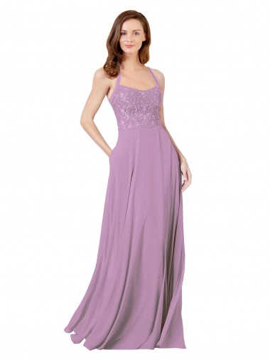 Wholesale Floral Detailed Chiffon Bridesmaid Dress with Keyhole Back