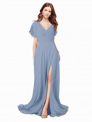 Wholesale Chiffon Bridesmaid Dress / Prom Dress with Flutter Sleeves and Front Slit