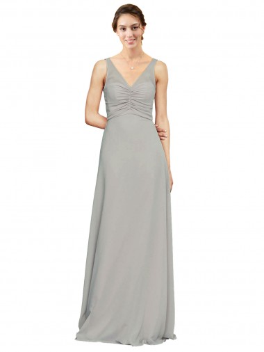 Wholesale V-Neck Chiffon Bridesmaid Dress with Illusion Gathered Bodice