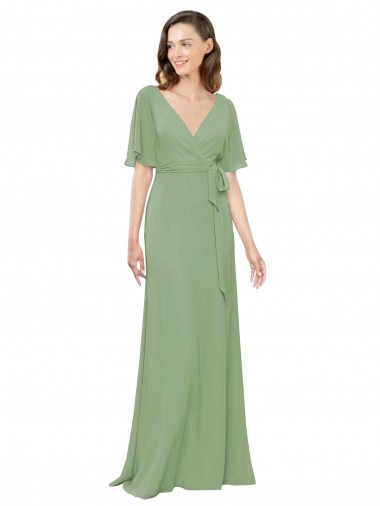 Wholesale Chiffon V-Neckline Wrap Bridesmaids Dress With Double Flutter Sleeve