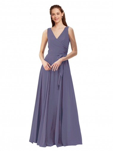Wholesale V-Neck Long Draped A-Line Chiffon Bridesmaid Dress